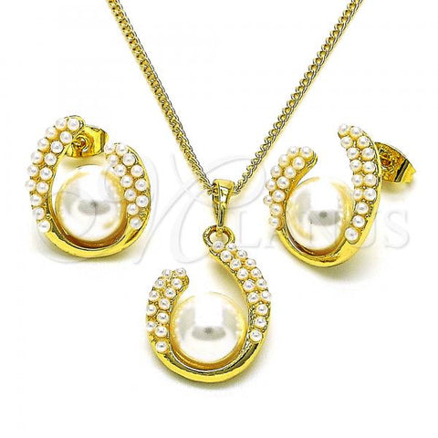 Oro Laminado Earring and Pendant Adult Set, Gold Filled Style with Ivory Pearl, Polished, Golden Finish, 10.379.0068