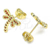 Oro Laminado Stud Earring, Gold Filled Style Dragon-Fly Design, with Garnet Micro Pave, Polished, Golden Finish, 02.156.0396.1