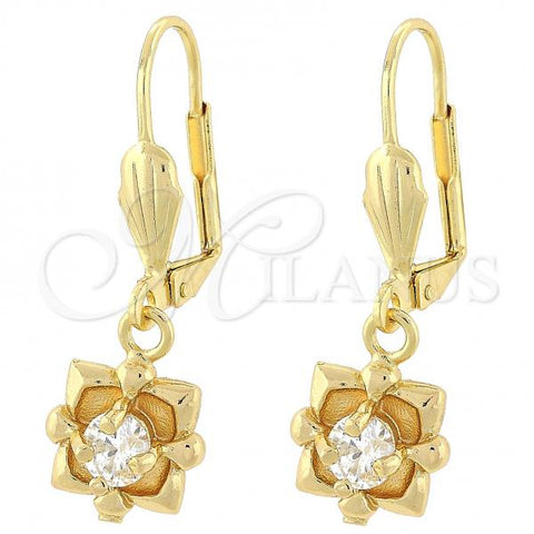 Oro Laminado Dangle Earring, Gold Filled Style Flower Design, with White Cubic Zirconia, Polished, Golden Finish, 02.63.2452