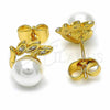 Oro Laminado Stud Earring, Gold Filled Style with White Cubic Zirconia and Ivory Pearl, Polished, Golden Finish, 02.344.0026