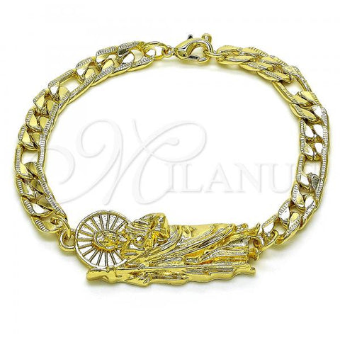 Oro Laminado Fancy Bracelet, Gold Filled Style San Judas and Pave Figaro Design, Polished, Golden Finish, 03.351.0132.1.08