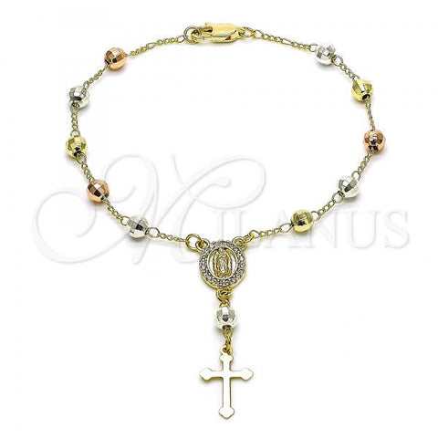 Oro Laminado Bracelet Rosary, Gold Filled Style Guadalupe and Cross Design, with White Micro Pave, Polished, Tricolor, 09.253.0071.08