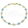 Oro Laminado Fancy Anklet, Gold Filled Style Evil Eye and Hand of God Design, Turquoise Resin Finish, Golden Finish, 03.326.0007.3.10