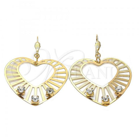 Oro Laminado Dangle Earring, Gold Filled Style Heart and Sun Design, with White Cubic Zirconia, Diamond Cutting Finish, Golden Finish, 69.008