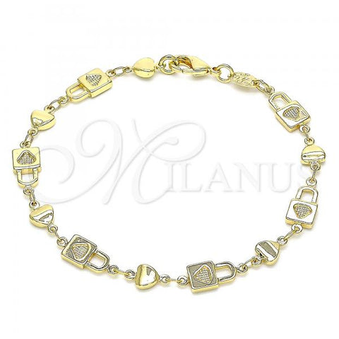Oro Laminado Fancy Bracelet, Gold Filled Style Lock and Heart Design, Polished, Golden Finish, 03.326.0022.08