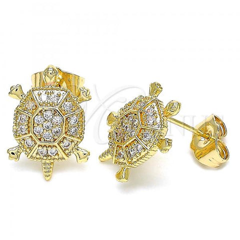 Oro Laminado Stud Earring, Gold Filled Style Turtle Design, with White Micro Pave, Polished, Golden Finish, 02.210.0413