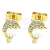 Oro Laminado Stud Earring, Gold Filled Style Dolphin Design, with White Micro Pave, Polished, Golden Finish, 02.344.0064