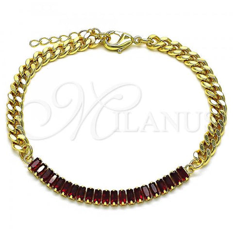 Oro Laminado Fancy Bracelet, Gold Filled Style Miami Cuban Design, with Garnet Cubic Zirconia, Polished, Golden Finish, 03.130.0010.2.08