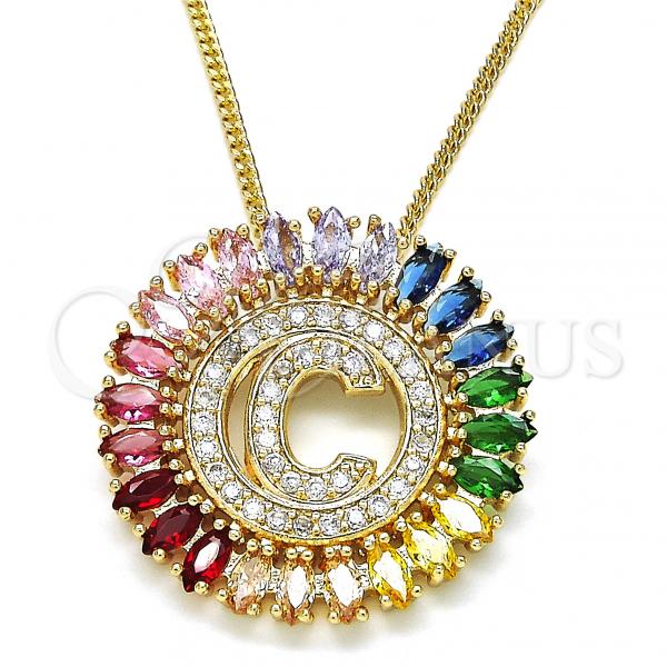 Oro Laminado Pendant Necklace, Gold Filled Style Initials Design, with Multicolor Cubic Zirconia, Polished, Golden Finish, 04.210.0008.1.20