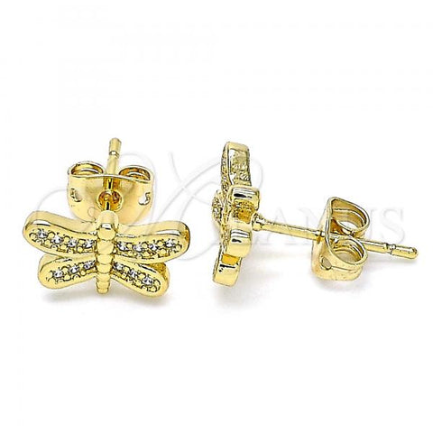 Oro Laminado Stud Earring, Gold Filled Style Dragon-Fly Design, with White Micro Pave, Polished, Golden Finish, 02.342.0076