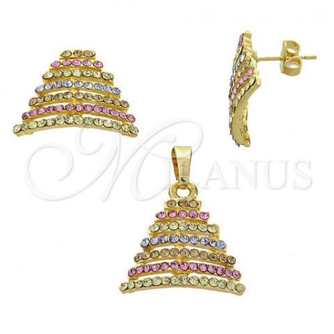 Oro Laminado Earring and Pendant Adult Set, Gold Filled Style with Multicolor Crystal, Polished, Golden Finish, 10.164.0004.1