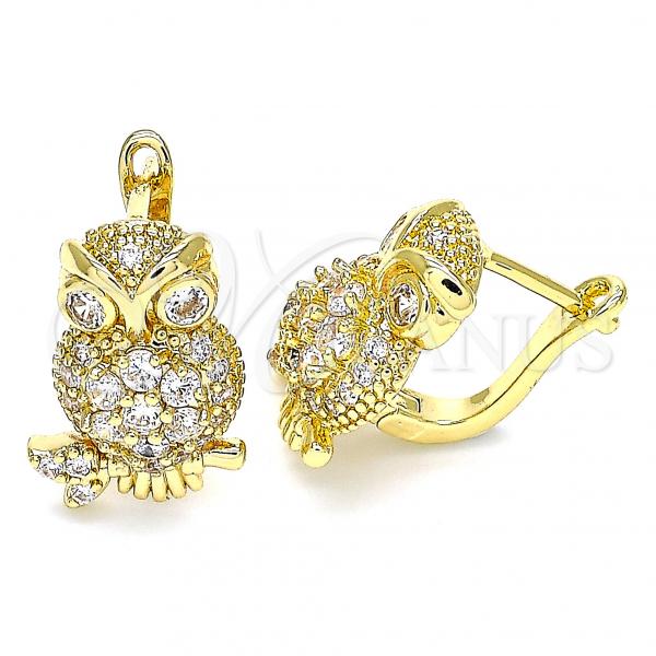 Oro Laminado Leverback Earring, Gold Filled Style Owl Design, with White Micro Pave, Polished, Golden Finish, 02.210.0439