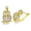 Oro Laminado Leverback Earring, Gold Filled Style Owl Design, with White Micro Pave, Polished, Golden Finish, 02.210.0439