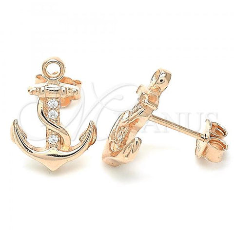 Sterling Silver Stud Earring, Anchor Design, with White Cubic Zirconia, Polished, Rose Gold Finish, 02.336.0150.1