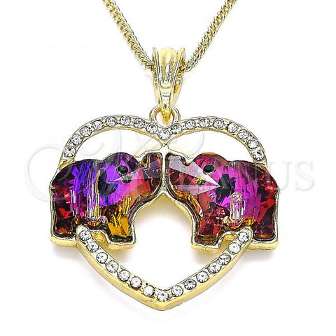 Oro Laminado Pendant Necklace, Gold Filled Style Elephant and Heart Design, with Amethyst and White Crystal, Polished, Golden Finish, 04.380.0023.1.20