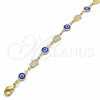 Oro Laminado Fancy Bracelet, Gold Filled Style Evil Eye and Hand of God Design, Blue Resin Finish, Golden Finish, 03.326.0007.1.08