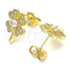 Oro Laminado Stud Earring, Gold Filled Style Four-leaf Clover Design, with White Micro Pave, Polished, Golden Finish, 02.210.0426