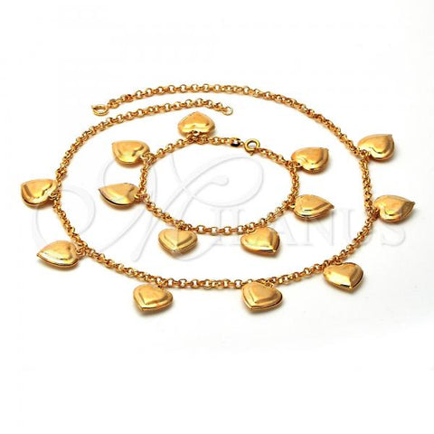 Oro Laminado Necklace and Bracelet, Gold Filled Style Heart Design, Golden Finish, 06.63.0153