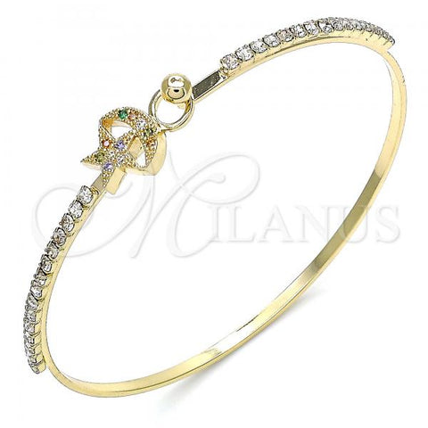 Oro Laminado Individual Bangle, Gold Filled Style Star and Moon Design, with Multicolor Micro Pave and White Crystal, Polished, Golden Finish, 07.193.0028.1.04 (02 MM Thickness, Size 4 - 2.25 Diameter)