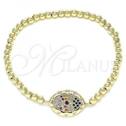 Oro Laminado Fancy Bracelet, Gold Filled Style Expandable Bead and Evil Eye Design, with Multicolor Micro Pave, Polished, Golden Finish, 03.299.0054.07