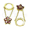 Oro Laminado Huggie Hoop, Gold Filled Style Flower Design, with Garnet Cubic Zirconia, Polished, Golden Finish, 02.210.0715.1.12