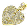 Oro Laminado Fancy Pendant, Gold Filled Style Heart and Guadalupe Design, Diamond Cutting Finish, Golden Finish, 05.351.0081