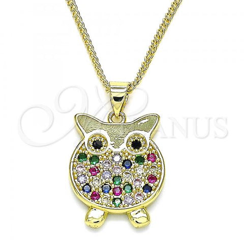 Oro Laminado Pendant Necklace, Gold Filled Style Owl Design, with Multicolor Micro Pave, Polished, Golden Finish, 04.156.0393.1.20