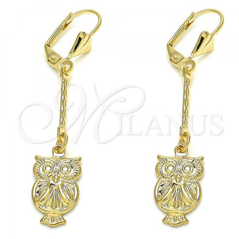 Oro Laminado Long Earring, Gold Filled Style Owl Design, with  and  Swarovski Crystals, Polished, Golden Finish, 02.32.0547