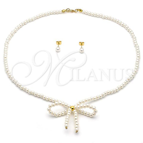 Oro Laminado Necklace and Earring, Gold Filled Style Bow and Ball Design, with Ivory Pearl, Polished, Golden Finish, 06.417.0001