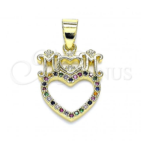 Oro Laminado Fancy Pendant, Gold Filled Style Mom and Heart Design, with Multicolor Micro Pave, Polished, Golden Finish, 05.102.0028