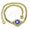 Oro Laminado Fancy Bracelet, Gold Filled Style Evil Eye and Miami Cuban Design, with White Micro Pave, Blue Enamel Finish, Golden Finish, 03.213.0182.07