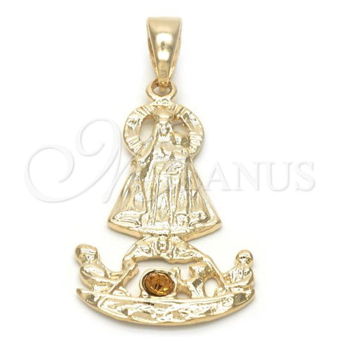 Oro Laminado Religious Pendant, Gold Filled Style Caridad del Cobre Design, with Dark Champagne Cubic Zirconia, Polished, Golden Finish, 05.09.0062