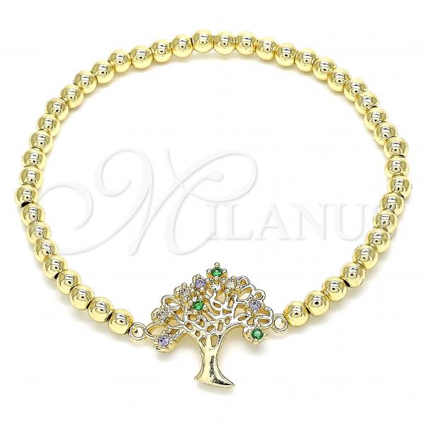 Oro Laminado Fancy Bracelet, Gold Filled Style Expandable Bead and Tree Design, with Multicolor Micro Pave, Polished, Golden Finish, 03.299.0059.07