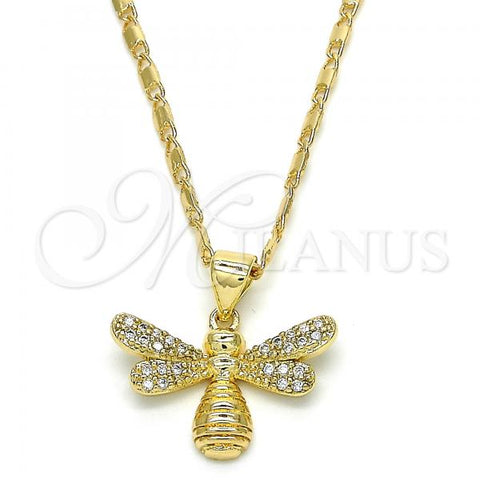 Oro Laminado Pendant Necklace, Gold Filled Style Bee Design, with White Micro Pave, Polished, Golden Finish, 04.156.0144.18