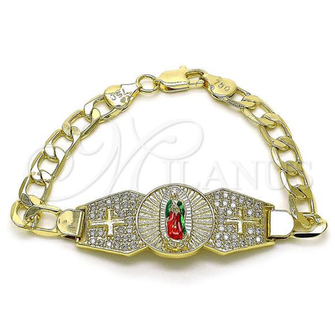 Oro Laminado Fancy Bracelet, Gold Filled Style Guadalupe and Cross Design, with White Cubic Zirconia, Diamond Cutting Finish, Tricolor, 03.411.0021.07