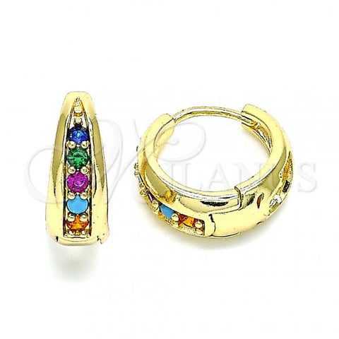 Oro Laminado Huggie Hoop, Gold Filled Style with Multicolor Cubic Zirconia, Polished, Golden Finish, 02.210.0599.4.15