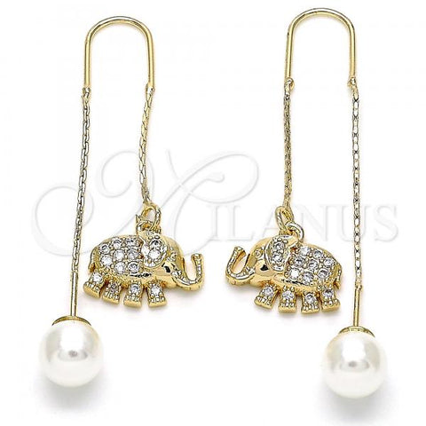 Oro Laminado Threader Earring, Gold Filled Style Elephant Design, with White Micro Pave, Polished, Golden Finish, 02.210.0362