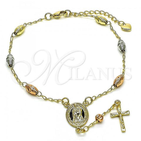 Oro Laminado Bracelet Rosary, Gold Filled Style Guadalupe and Crucifix Design, Polished, Tricolor, 09.213.0036.08