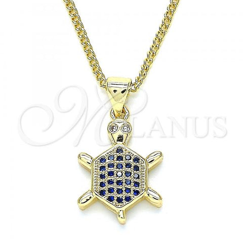 Oro Laminado Pendant Necklace, Gold Filled Style Turtle Design, with Sapphire Blue and White Micro Pave, Polished, Golden Finish, 04.156.0298.1.20