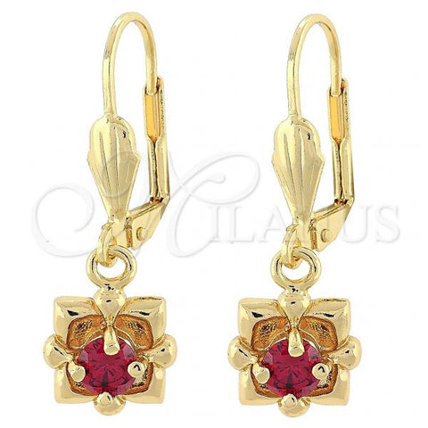 Oro Laminado Dangle Earring, Gold Filled Style Flower Design, with Garnet Cubic Zirconia, Polished, Golden Finish, 02.63.2452.1