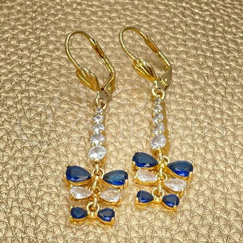 Oro Laminado Long Earring, Gold Filled Style Teardrop Design, with Sapphire Blue and White Cubic Zirconia, Polished, Golden Finish, 02.210.0208.2
