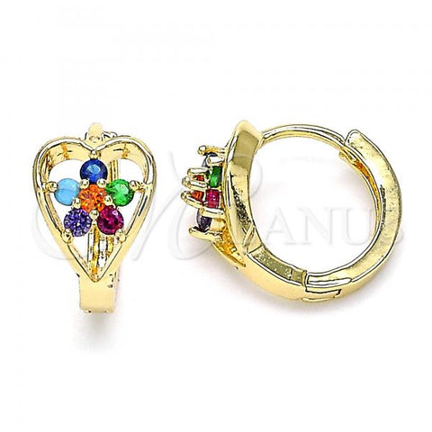 Oro Laminado Huggie Hoop, Gold Filled Style Flower and Heart Design, with Multicolor Cubic Zirconia, Polished, Golden Finish, 02.210.0653.4.15