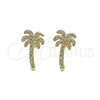 Oro Laminado Stud Earring, Gold Filled Style Palm Tree Design, with White Micro Pave, Polished, Golden Finish, 02.193.0012