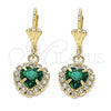 Oro Laminado Dangle Earring, Gold Filled Style Heart Design, with Green and White Crystal, Polished, Golden Finish, 02.122.0114.6