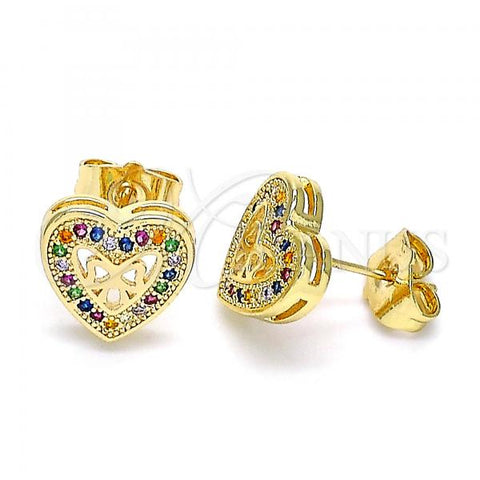 Oro Laminado Stud Earring, Gold Filled Style Heart and Bow Design, with Multicolor Micro Pave, Polished, Golden Finish, 02.156.0298.2