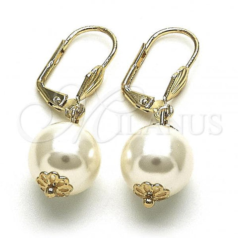 Oro Laminado Dangle Earring, Gold Filled Style Ball Design, with Ivory Pearl, Polished, Golden Finish, 02.63.2755