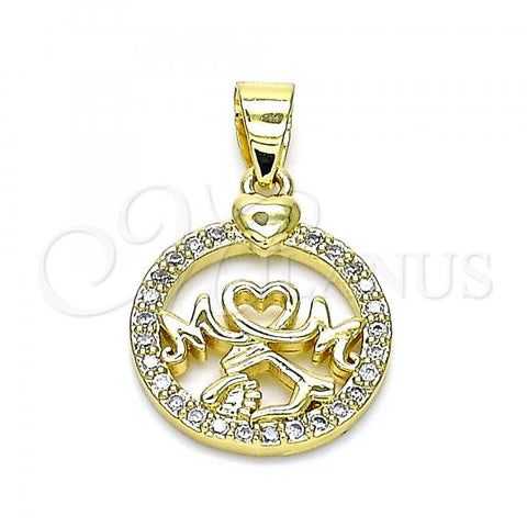 Oro Laminado Fancy Pendant, Gold Filled Style Mom and Heart Design, with White Micro Pave, Polished, Golden Finish, 05.102.0025