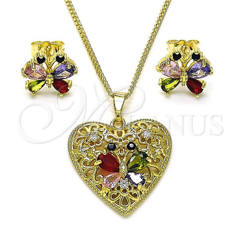 Oro Laminado Earring and Pendant Adult Set, Gold Filled Style Heart and Butterfly Design, with Multicolor Cubic Zirconia, Polished, Golden Finish, 10.284.0037