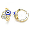 Oro Laminado Huggie Hoop, Gold Filled Style Evil Eye and Fish Design, with White Cubic Zirconia, Blue Enamel Finish, Golden Finish, 02.213.0189.12