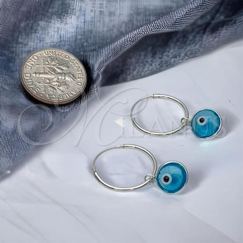 Sterling Silver Small Hoop, Evil Eye Design, with Aqua Blue Crystal, Polished, Silver Finish, 02.401.0035.15